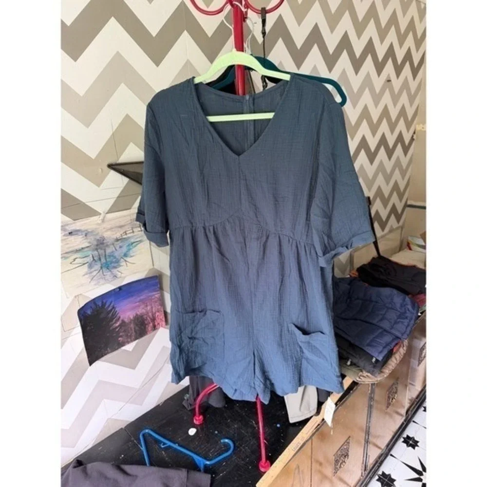 Cupshe Cotton Gauze V-Neck Babydoll Romper Blue XL‎